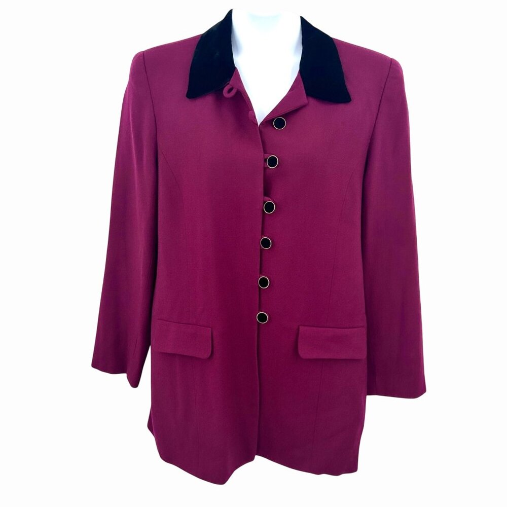 VINTAGE CHAUS WINE BURGUNDY LONG VELVET COLLAR & MULTI BUTTON BLAZER JACKET - 14